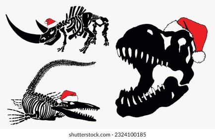 Graphical dinosaur skeletons in Santa Claus hats isolated on white background,vector illustration.Christmas element