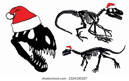 Graphical dinosaur skeletons in Santa Claus hats isolated on white background,vector illustration.Christmas element