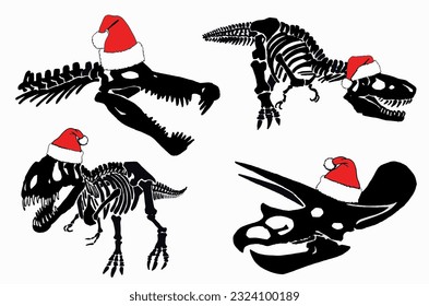 Graphical dinosaur skeletons in Santa Claus hats isolated on white background,vector illustration.Christmas element