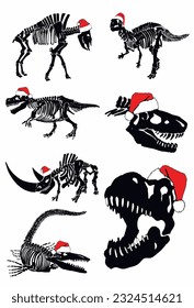 Graphical dinosaur skeletons in Santa Claus hats isolated on white background,vector illustration.Christmas element