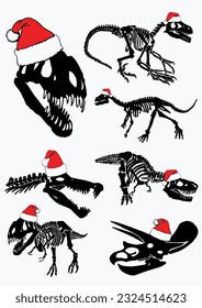 Graphical dinosaur skeletons in Santa Claus hats isolated on white background,vector illustration.Christmas element