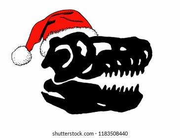 Graphical dinosaur skull in Santa Claus hat isolated on white,tyrannosaurus skull,tattoo