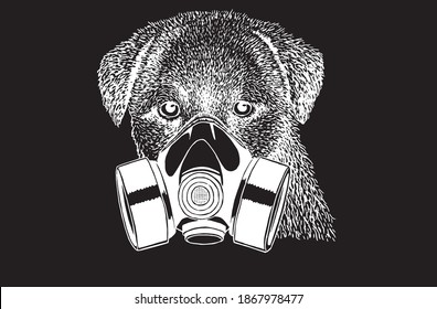 Perro gráfico en máscara de virus aislado en fondo negro, ilustración de covid-19 vectorial
