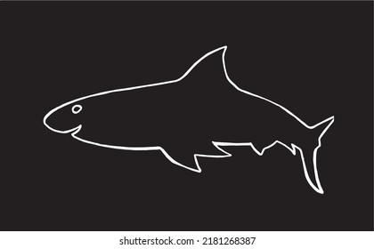 Graphical doodle drawing of  shark isolated on black.Marine life habitant lined drawing, sketch for tattoo and coloring