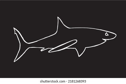 Graphical doodle drawing of  shark isolated on black.Marine life habitant lined drawing, sketch for tattoo and coloring