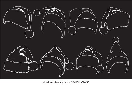 Graphical doodle set of new year hats isolated on black background,vector new year illustration
