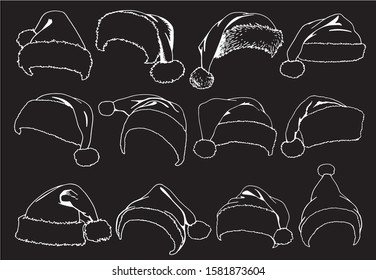 Graphical doodle set of new year hats isolated on black background,vector new year illustration