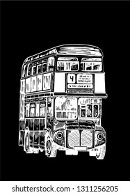 Graphical double decker bus isolated on black background,vector sketch of london sightseeing