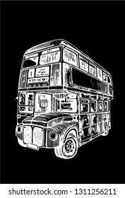 Graphical double decker bus isolated on black background,vector sketch of london sightseeing