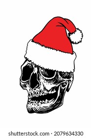 Graphical drawing of Mayan skull in Santa Claus red hat , long skull of ancient tribe, vector christmas illustration.