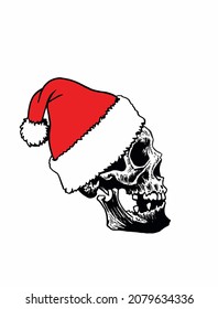 Graphical drawing of Mayan skull in Santa Claus red hat , long skull of ancient tribe, vector christmas illustration.