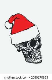 Graphical drawing of Mayan skull in Santa Claus red hat , long skull of ancient tribe, vector christmas illustration.