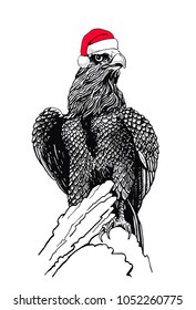 Graphical eagle in Santa Claus hat,vector illustration