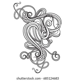 Graphical element. Long intertwined lines. Curls. Black color. On a white background. Circuit. Vector graphics.