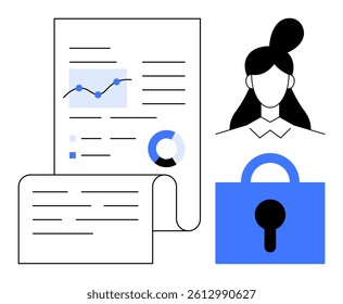Graphical elements including reports, charts, a female figure, and a padlock symbolize data analysis, security, and professionalism. Ideal for business, data privacy, information security, analytics
