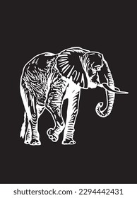 Graphical elephant isolated on black background,vector engraved illustration