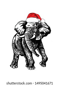 Graphical elephant in Santa Claus hat isolated on white background,vector new year illustration