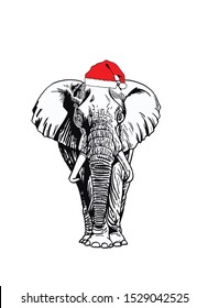 Graphical elephant in Santa Claus hat isolated on white background,vector new year illustration