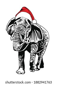 Graphical elephant in Santa Claus hat isolated on white background, vector new year illustration