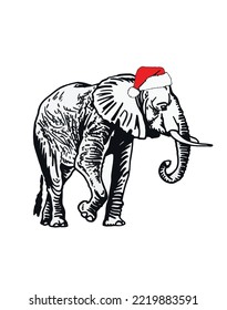Grafischer Elefant auf Weihnachtsmütze einzeln auf weißem Hintergrund, Vektorgrafik
