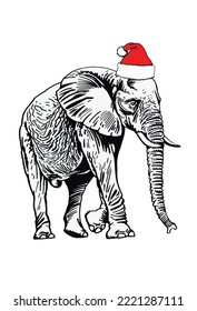 Graphical elephant in Santa Claus hat isolated on white background,vector illustration