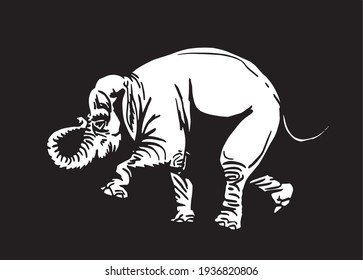 Graphical elephant walking on black background,vector  engraved illustration