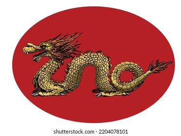 Graphical emblem with golden Chinese dragon isolated on white background,vector color illustration. Logotype dragon