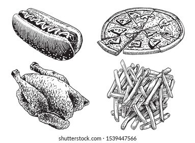 Graphical fast food set isolated on white background,vector illustration. Take away products