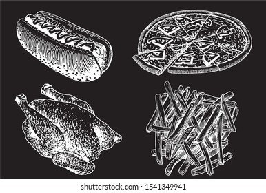 Graphical fast food set isolated on black background,vector illustration. Take away products