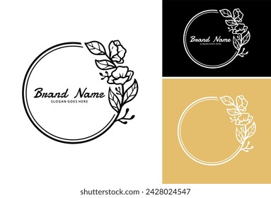 Etiqueta floral gráfica con flores botánicas abstractas dibujadas a mano, marco vectorial redondo, logotipo establecido.
