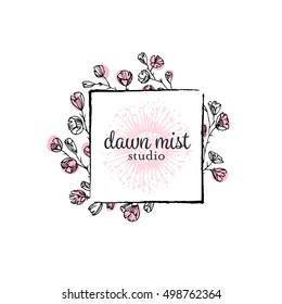 Graphical floral label with hand drawn abstract botanical branches, vector frame, logo