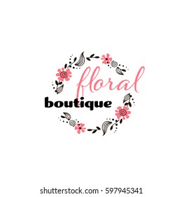 Graphical floral label with hand drawn abstract botanical flowers, black and pink round vector frame, logo