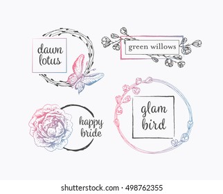 Graphical floral labels with hand drawn flowers and leafs, creative logo vector package. 