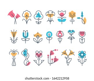 Graphical flower set, line and geometrical floral icons. 