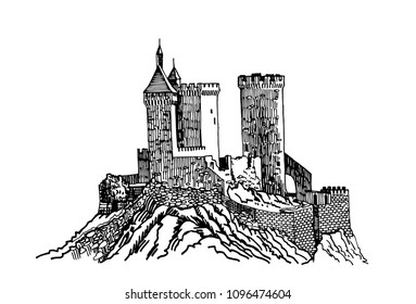 Graphical Foix castle from France isolated on white background,vector