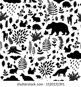 Graphical Forest Autumn Pattern. Vector illustration. Manual graphics. Forest plants, leaves, animals. Suitable for decorating various surfaces.