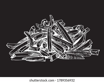 Graphical french fries isolated on black background, vector engraved illustration