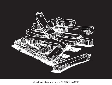 Graphical french fries isolated on black background, vector engraved illustration