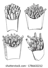 Graphical  french fries set isolated , lined art, vector fast food