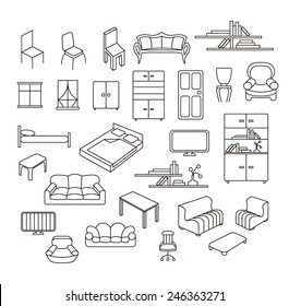 Graphical furniture set, contour empty icons. Isolated items on white. 
