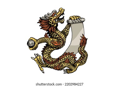 Graphical golden Chinese dragon isolated on white background,vector color illustration 