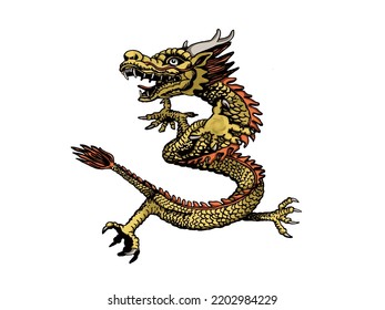 Graphical golden Chinese dragon isolated on white background,vector color illustration 