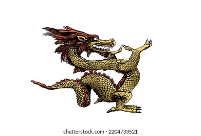 Graphical golden Chinese dragon isolated on white background,vector color illustration	
