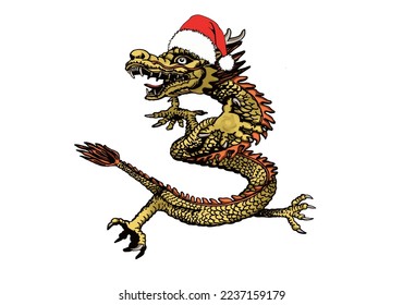 Graphical golden Chinese dragon in Santa Claus red hat isolated on white background,vector new year illustration 