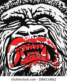 Cara de gorila gráfica en sangre, ilustración de cierre vectorial