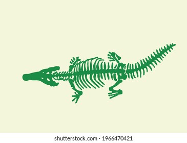 Graphical green crocodile skeleton on pale yellow, color fossils illustration