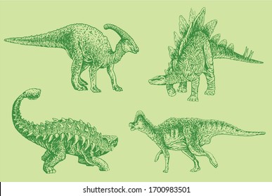 Graphical green dinosaurs on green background, vector illustration , cover