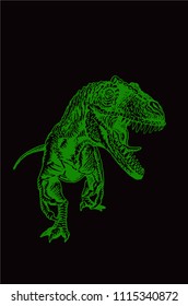 Graphical green tyrannosaurus running isolated on black  background,vector tattoo illustration