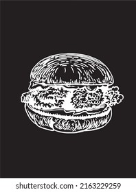 Graphical hamburger isolated on black, vector fast food element for design, illustration