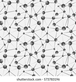 Graphical hand drawn background. Vector seamless pattern. Irregular abstract linear grid with circles in nodes.